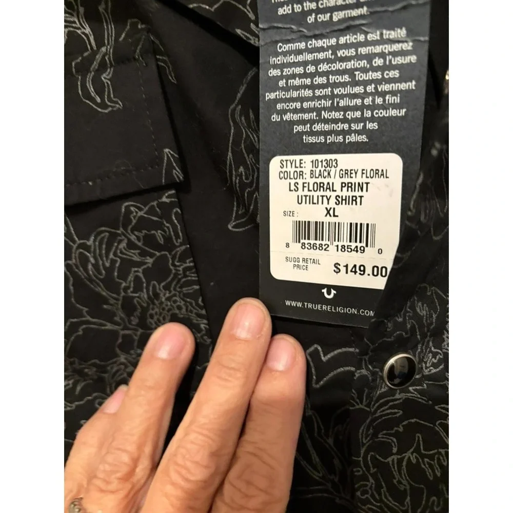 Men's True Religion sz XL black button down shirt floral design #1218 new w/ tag